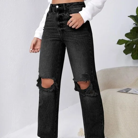 Black Casual Womens Ripped Raw Cut Straight Leg Jeans
